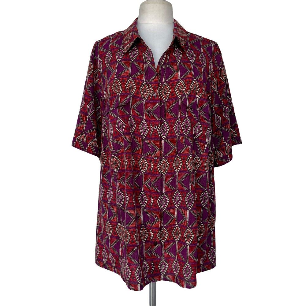 Catherine Top Plus 3X Red Print Collar Button up Short Sleeve Pockets Blouse
